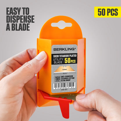 Berkling Titanium Plated SK2H Utility Knife Blades 50-Pack With Dispenser, Ultra 3X Sharper and 10X More Durable, Compatible w/ Most Box Cutters