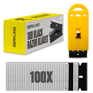 Berkling Single Edge Razor Blade 100 PCS, SK2H Hardened Carbon Steel, Blackened Anti-Corrosion, 3X Sharper and 5X Durable, Standard Replacement Blades, Including 1x Plastic Scrapper