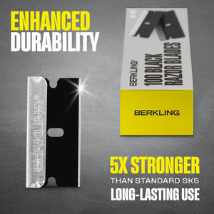 Berkling Single Edge Razor Blade 100 PCS, SK2H Hardened Carbon Steel, Blackened Anti-Corrosion, 3X Sharper and 5X Durable, Standard Replacement Blades, Including 1x Plastic Scrapper