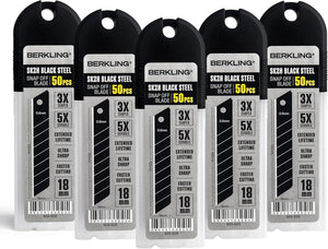 Berkling 18mm Utility Knife Blades, SK2H Blackened Steel Replacement Blade, Pack of 50