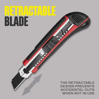 18mm Retractable Utility Knife - Heavy Duty Aluminum Frame with 4x SK2H Snap-Off Blades (Black)