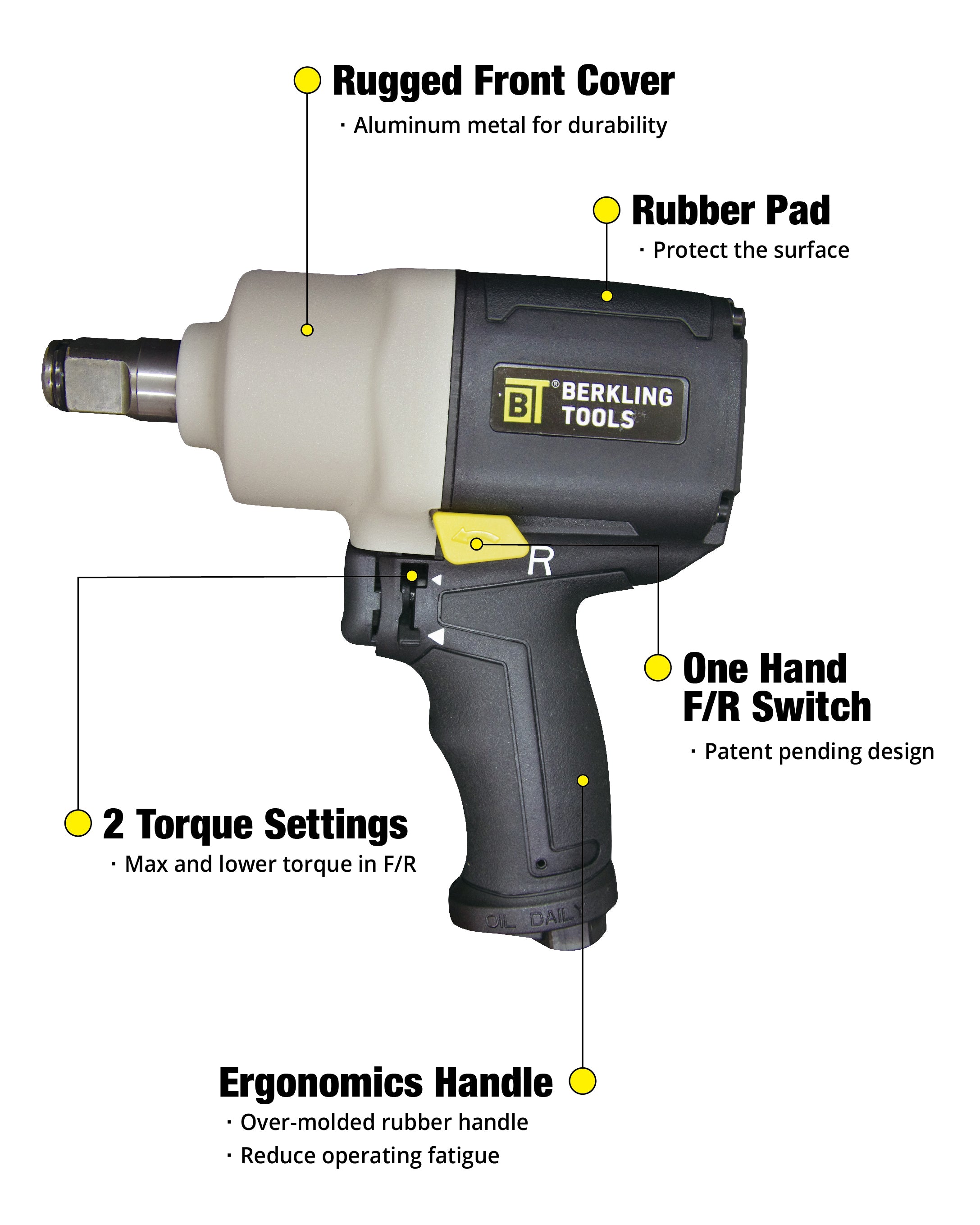 Berkling Tools 2443J Mini Compact 1/2 Air Impact Wrench - Pneumatic Light Weight Jumbo Hammer Composite Handle | Fits in