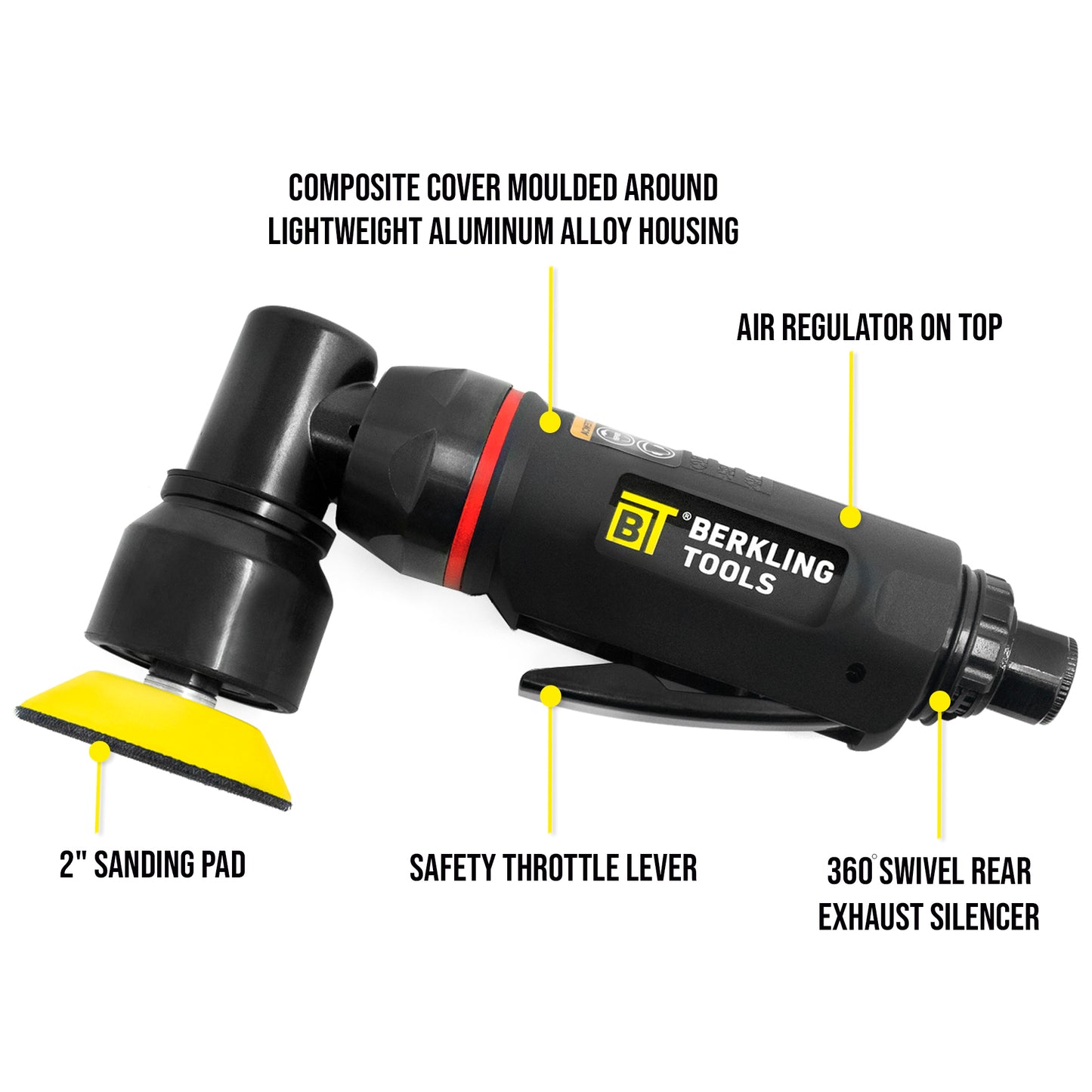 BT 5201 Professional Grade 2" Mini High Speed Random Air Orbital Sander Pneumatic Polisher and Buffer - Berkling