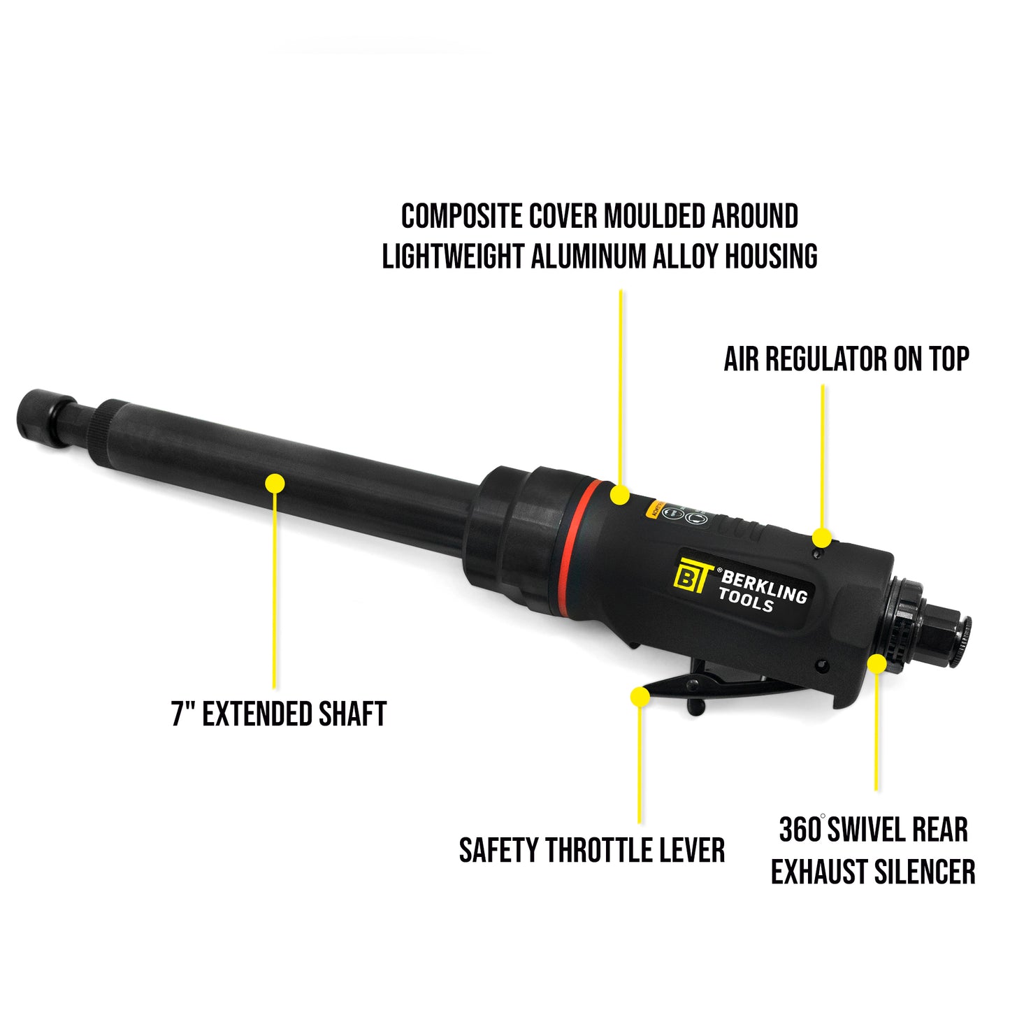 Berkling BT 6321-7 1/4“ pneumatic air powered professional grade straight die grinder features