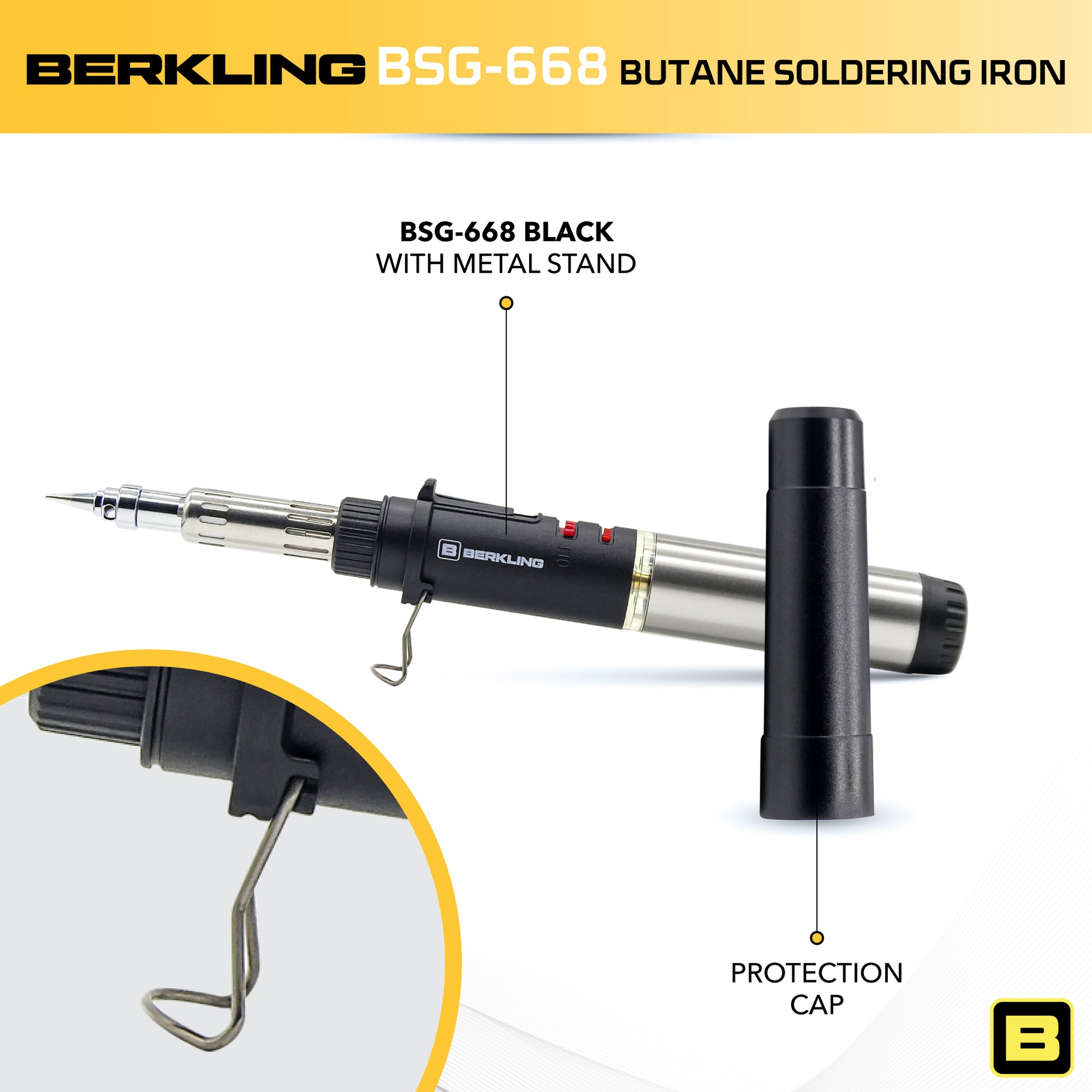 Berkling BSG-668 3-IN-1 professional grade cordless butane soldering gun come with a foldable metal stand