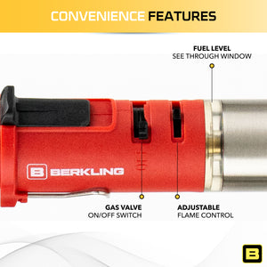 Berkling BSG-668R Premium Cordless Butane Soldering Iron Micro Solder Torch Gun Includes Pro Grade Plated Copper Tip & Stand, Red Handle